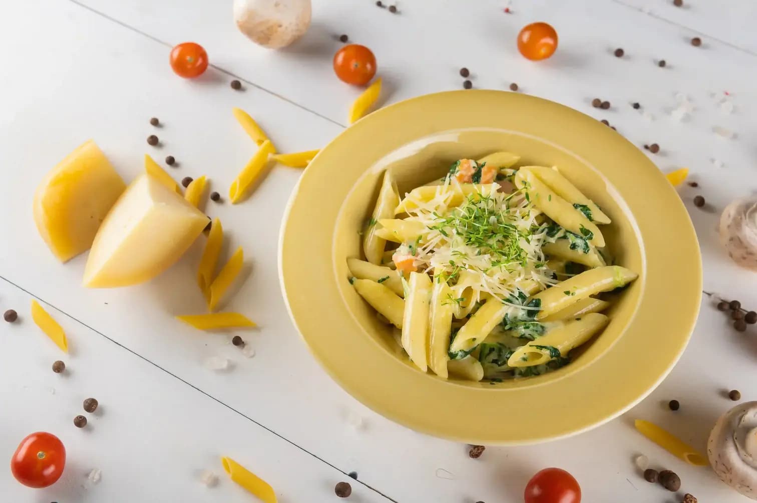 Пенне с лососем и шпинатом